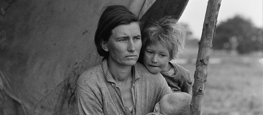 Nipomo, Calif. Mar. 1936. Migrant agricultural worker's family. Seven hungry children. Mother aged 32, the father is a native Californian. Destitute in a pea pickers camp, because of the failure of the early pea crop. These people had just sold their tent in order to buy food. Most of the 2,500 people in this camp were destitute - https://www.loc.gov/rr/print/list/128_migm.html